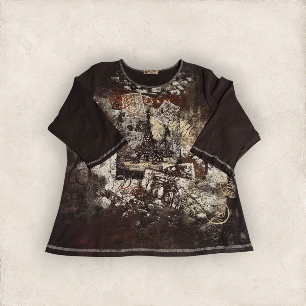 VTG Blue Canyon Brown Embellished Graphic Print 3/4 Quarter Sleeve Cotton Top